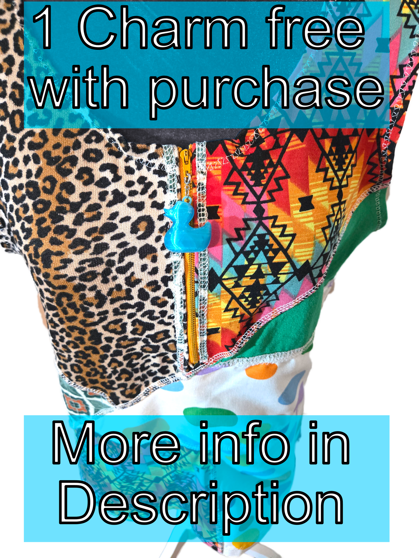 Patchwork tank top zoomed in slightly to the center where there is a zipper with a blue charm shaped like a rubber ducky. Image also has a text overlay. Text overlay says, "1 charm free with purchase" and, "more info in description".