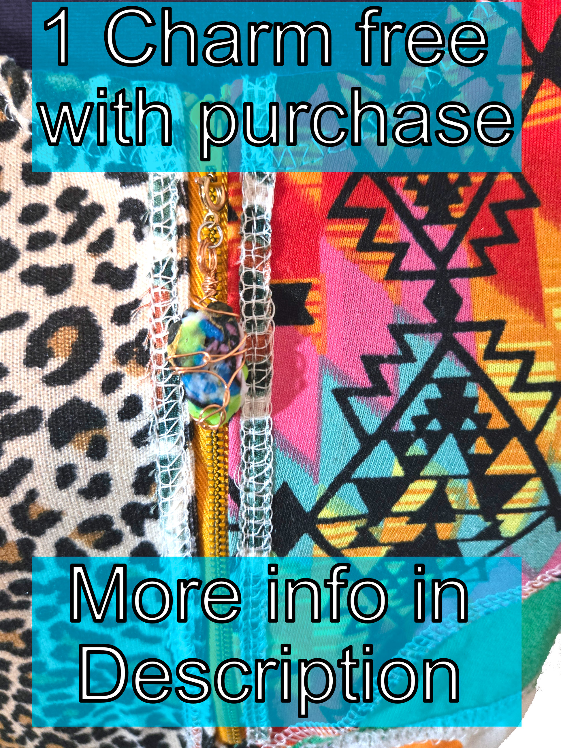 Colorful patchwork tank zoomed into a shot of a zipper with a charm hanging from it. With a text overlay. Text overlay says, "1 charm free with purchase" and, "More info in description".