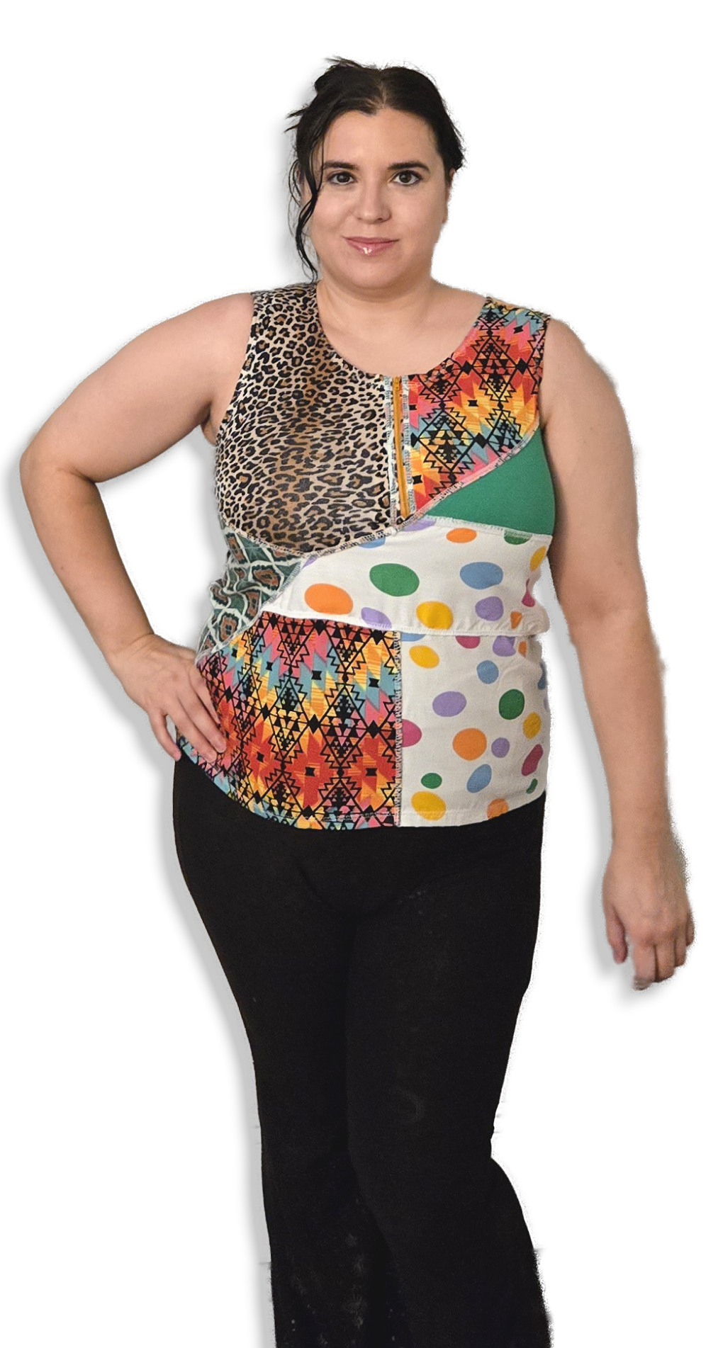 Person wearing a colorful patterned top with a white background